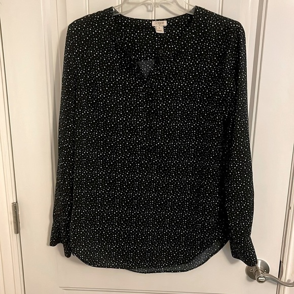 J Crew | Long Sleeve Blouse Black White Polka Dot 1/4 Button down Women’s sz S - Picture 1 of 9